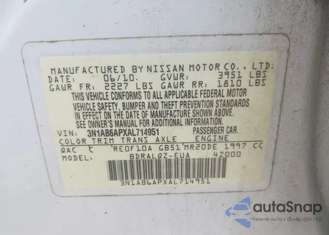 2010 Nissan Sentra 2.0 z USA, uszkodzony, nr VIN 3N1AB6APXAL714951